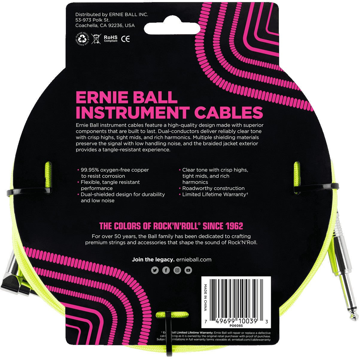 Confezione cavo strumento Ernie Ball con accenti rosa e gialli e dettagli prodotto.