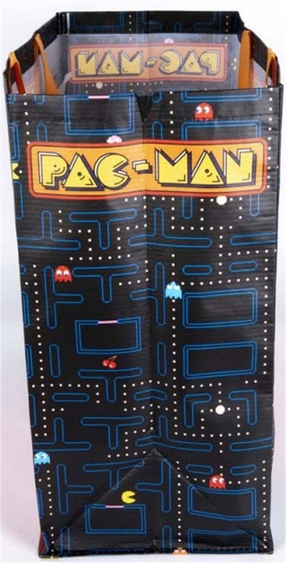Schwarze Tasche mit Pac-Man-Motiv, Geistern und Kirschen.