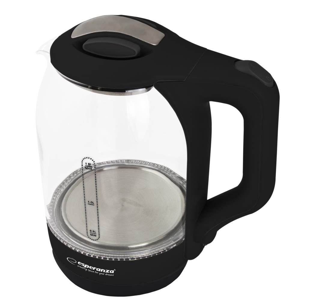 Przezroczysty czajnik elektryczny z czarnym uchwytem i srebrną pokrywką.