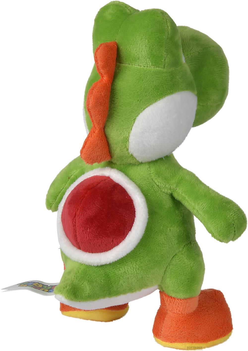 Grüner Yoshi Plüsch mit rotem Bauch, orangefarbenem Kamm und Stiefeln.