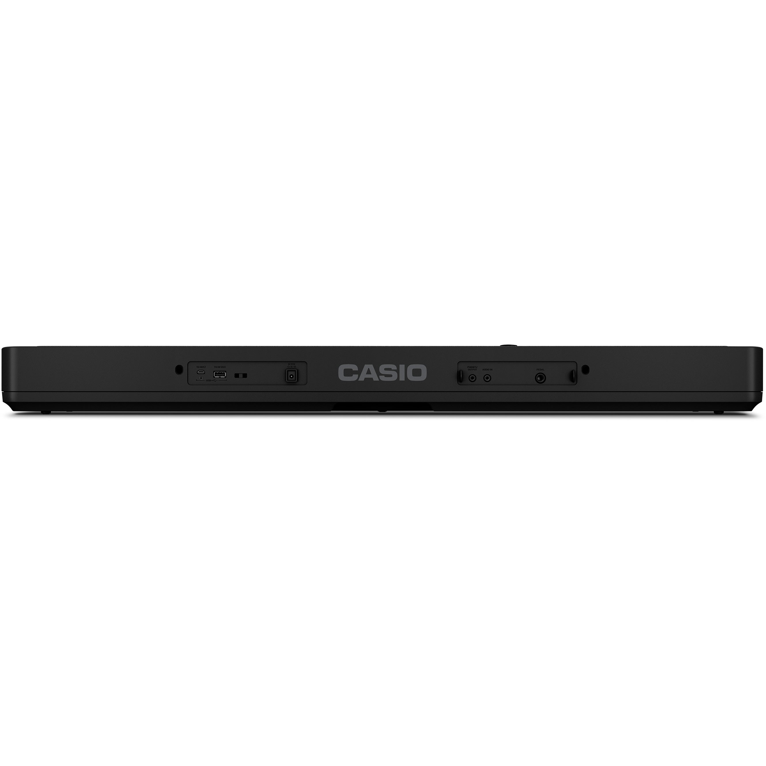 Clavier Casio noir avec ports : DC IN, USB, CASQUE, ENTRÉE AUDIO.
