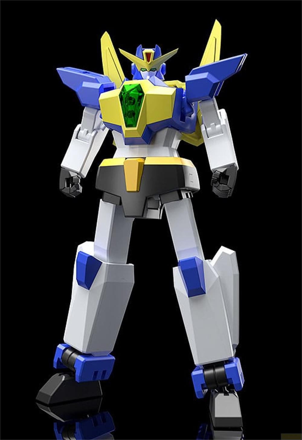 Un robot blanc et bleu aux accents jaunes se tient sur fond noir.
