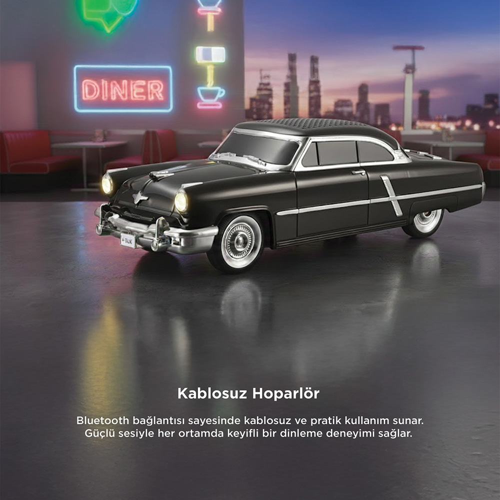 Neon ışıklı bir dinerde siyah retro araba hoparlör.