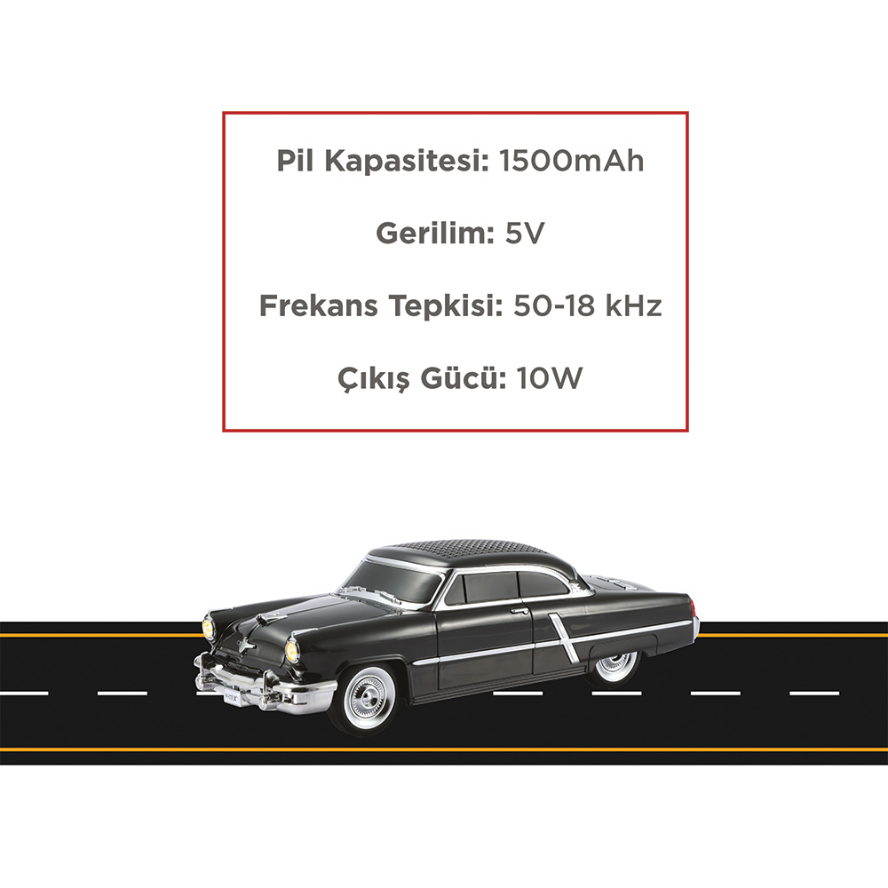 Teknik özelliklere sahip bir yolda siyah klasik otomobil.