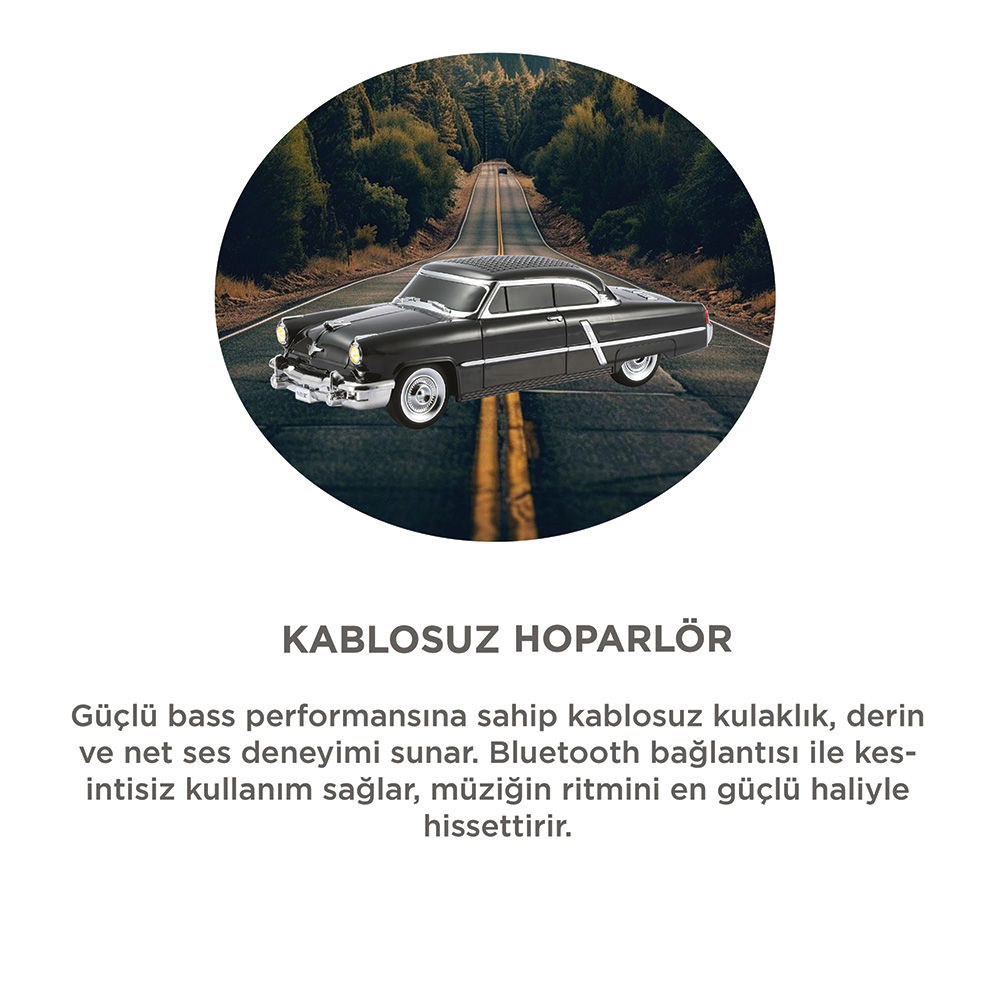 Siyah antika araba, arkada ağaçlar olan bir yolda gidiyor.