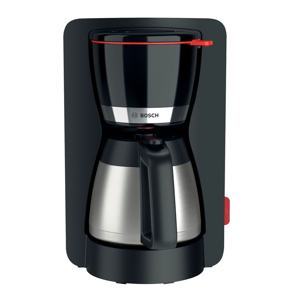 Macchina da caffè Bosch nera con caraffa termica in acciaio inox e accento rosso.