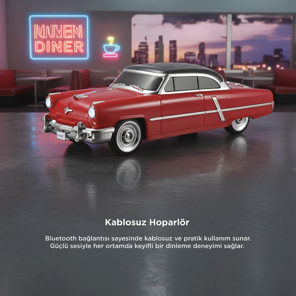 Kırmızı vintage araba hoparlör, neon ışıklı bir lokantada duruyor.