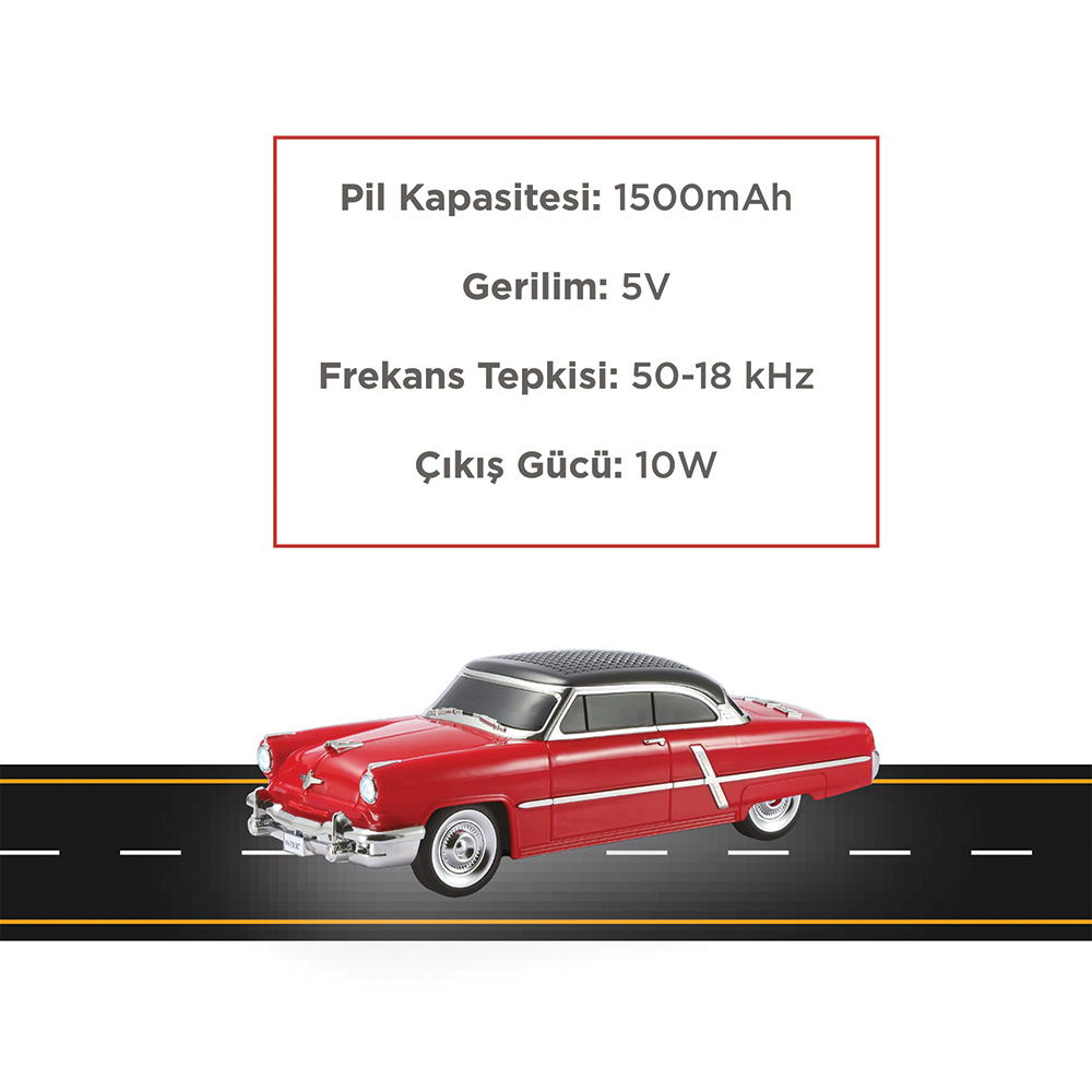 Teknik özelliklerin yanında yolda kırmızı retro araba.