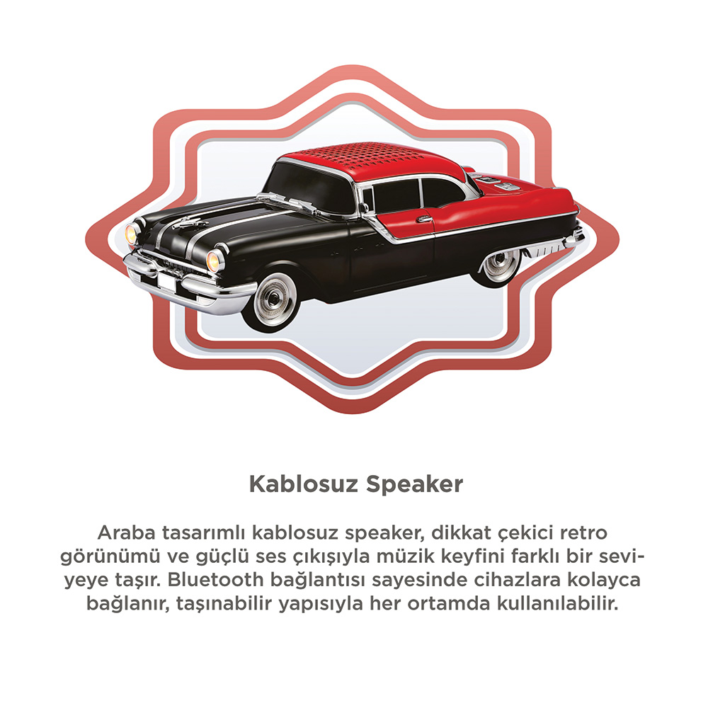 Siyah ve kırmızı, retro araba tasarımlı hoparlör.