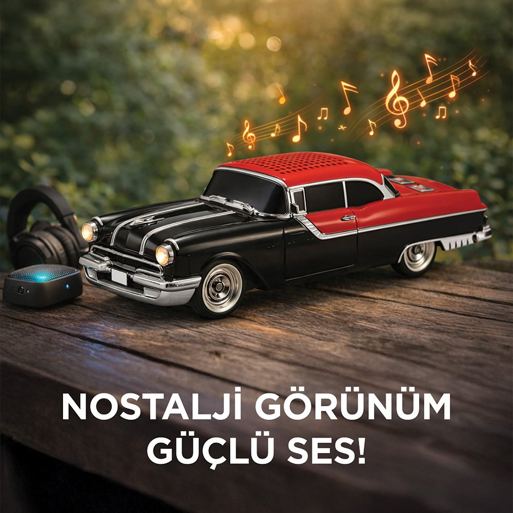 Ahşap masada kulaklıklı retro araba hoparlörü ve müzik notaları.