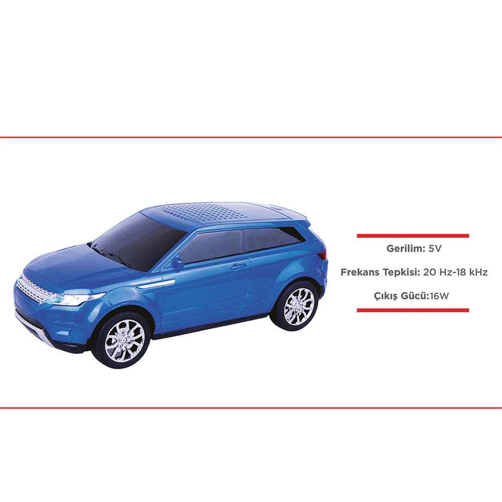 Tavanında hoparlör ızgarası olan mavi oyuncak SUV.