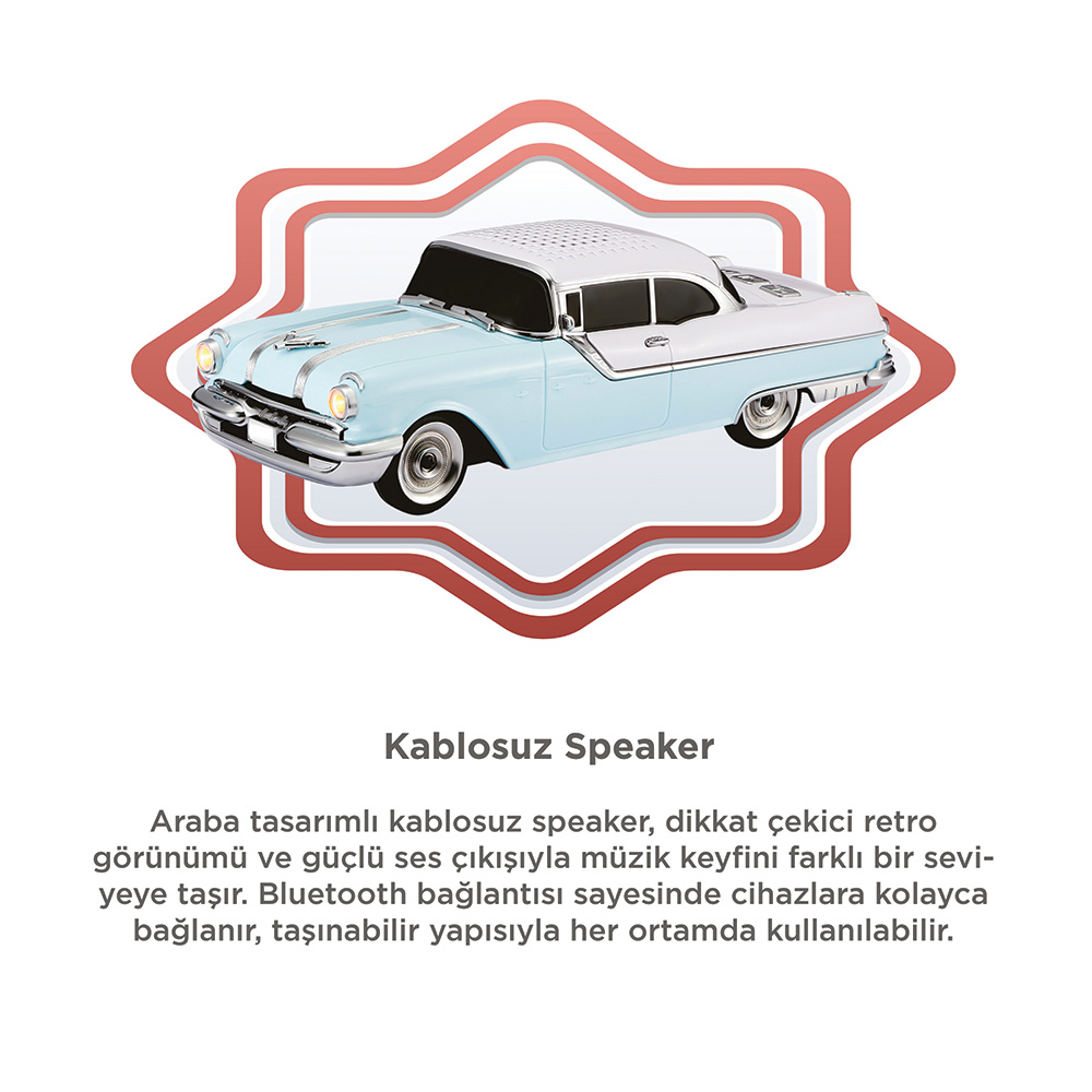 Açık mavi ve beyaz, retro araba tasarımlı kablosuz hoparlör.
