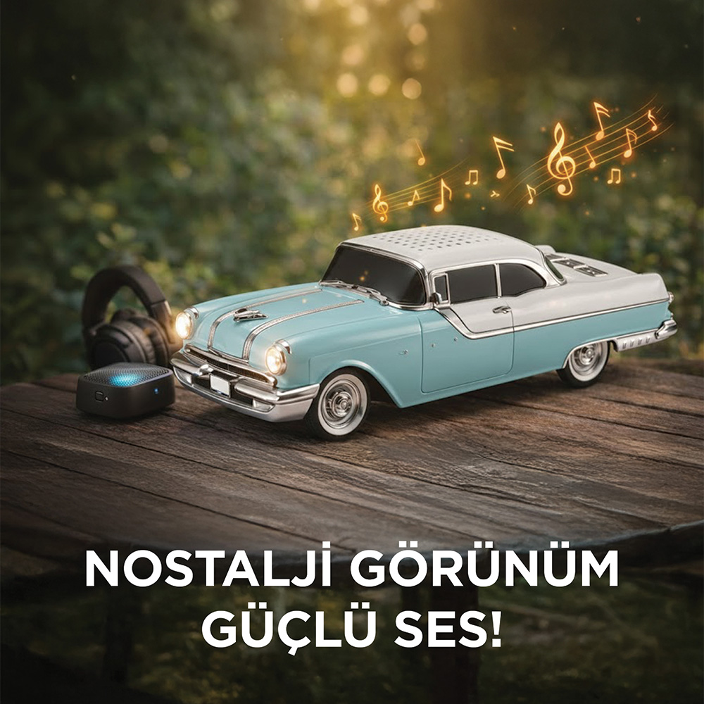 Ahşap üzerinde kulaklık ve hoparlörlü açık mavi-beyaz klasik araba.