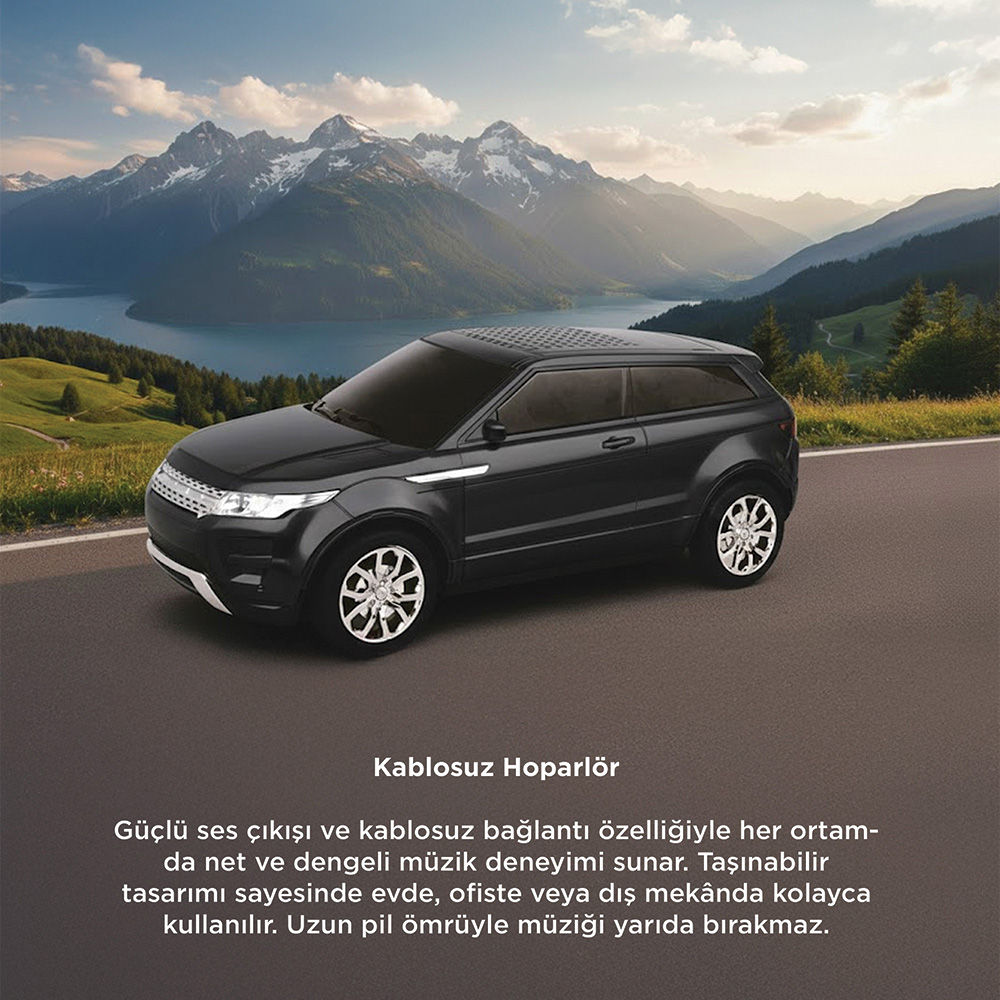 Siyah bir SUV, arkasında göl ve dağ manzarası olan bir yolda duruyor.
