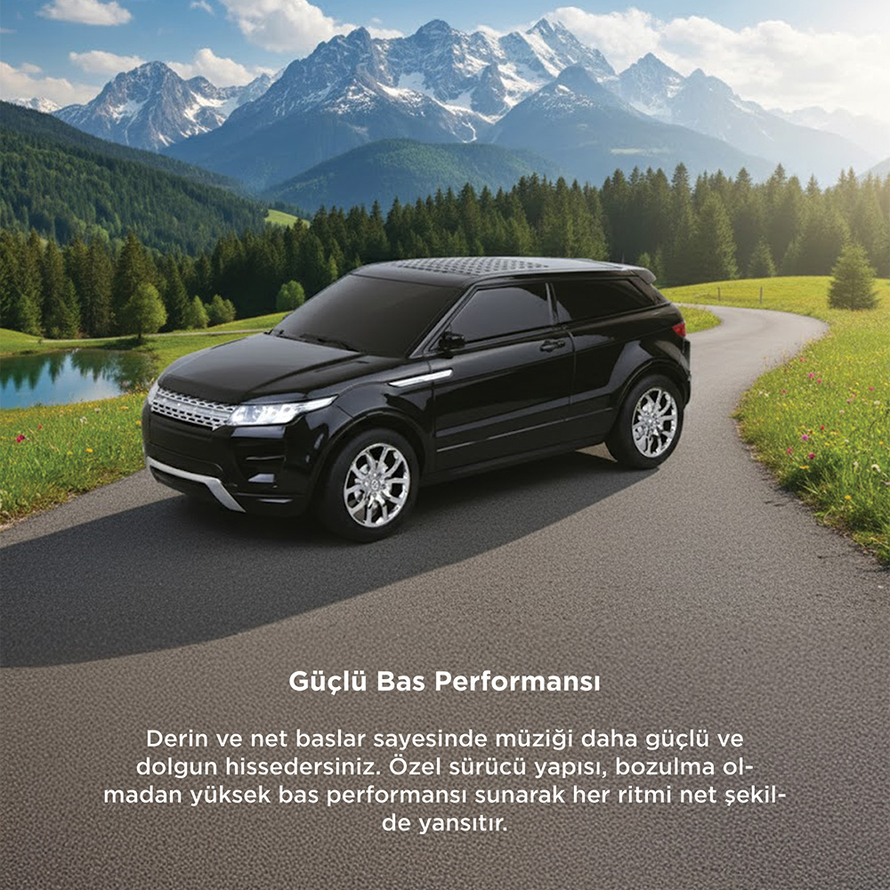 Siyah SUV dağ yolunda, arkada göl ve karlı zirveler.
