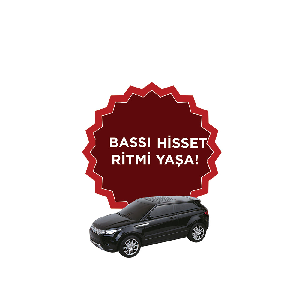 Kırmızı yıldız rozetinin yanında siyah bir SUV modeli ve metin.