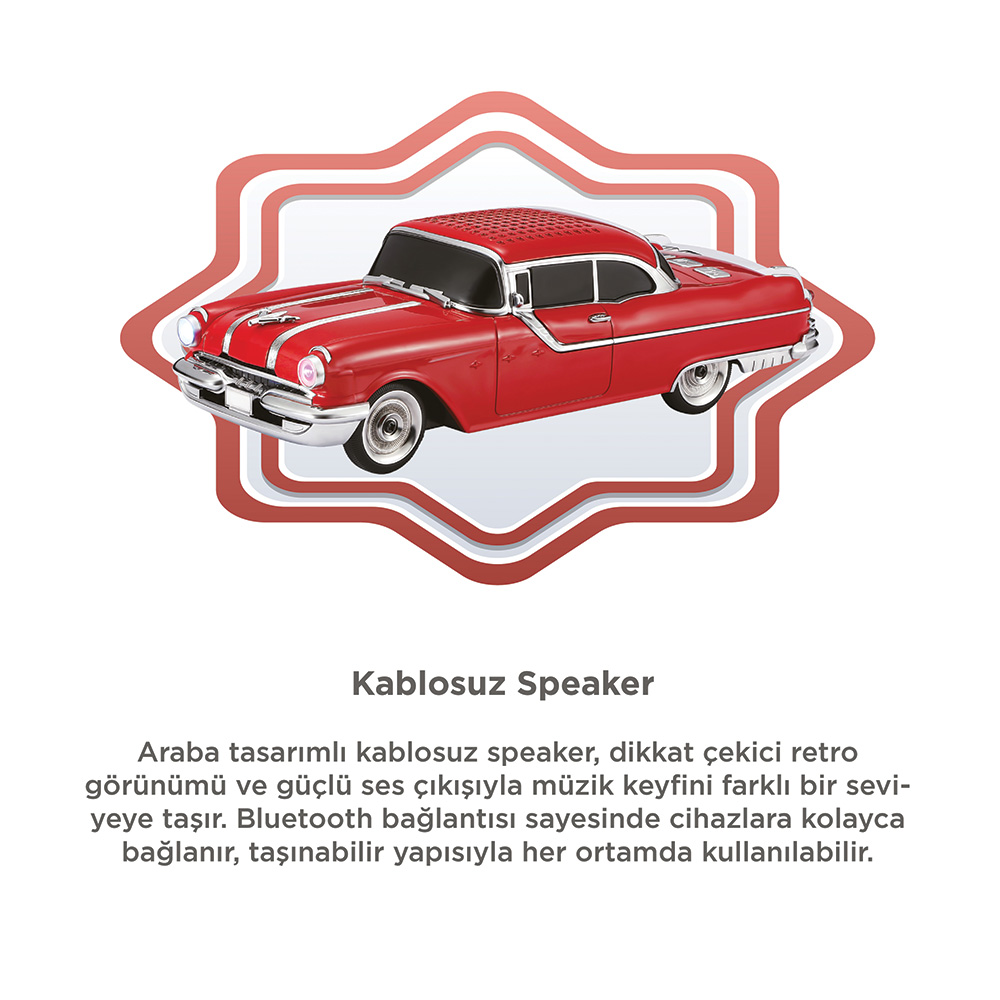 Krom detaylı, kırmızı retro araba şeklinde kablosuz hoparlör.