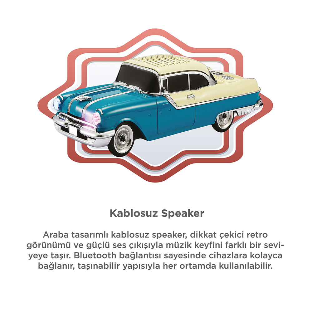 Mavi ve krem rengi retro araba şeklinde, üstünde hoparlör ızgarası olan kablosuz hoparlör.