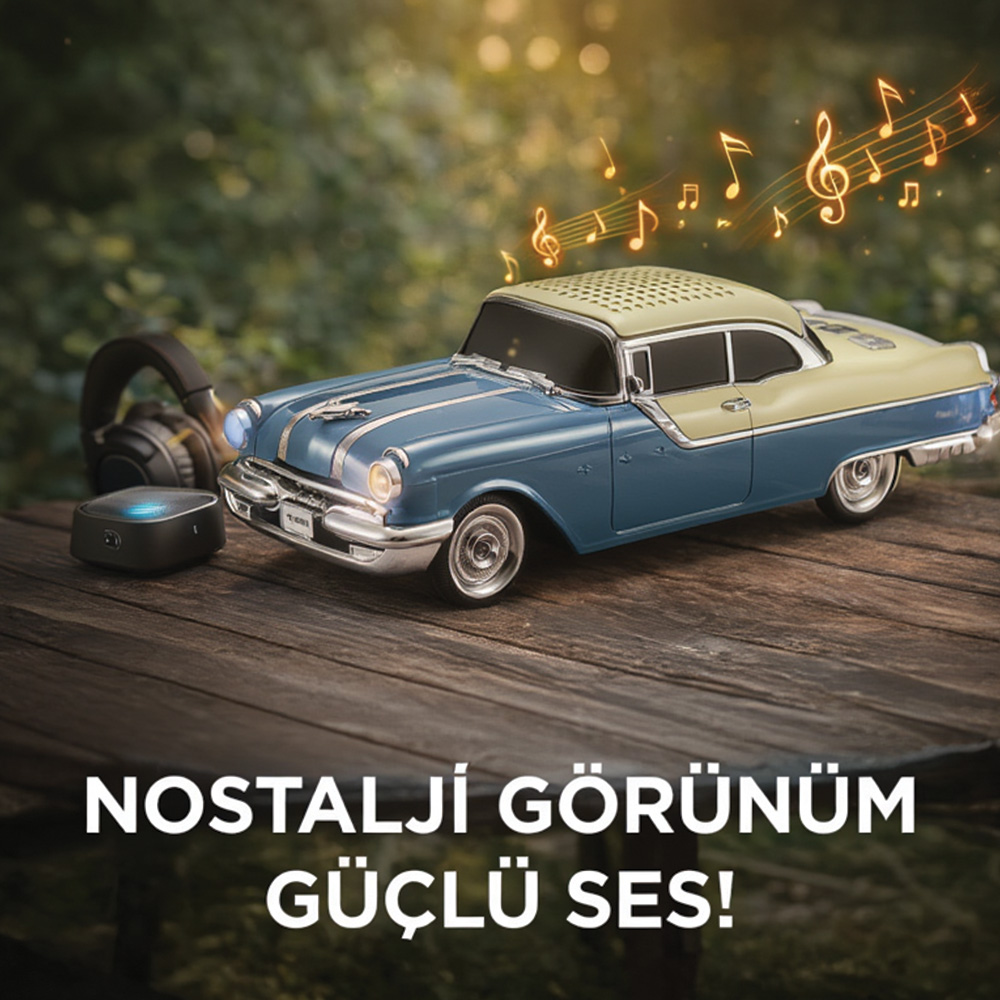 Kulaklıklı ve müzik notalı mavi ve sarı vintage araba hoparlörü.
