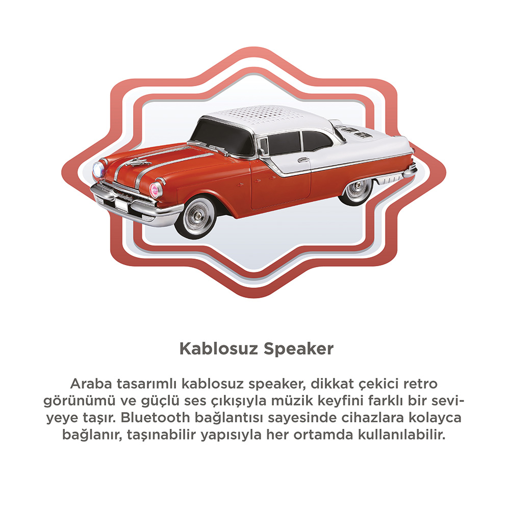 Kırmızı ve beyaz, retro araba tasarımlı kablosuz hoparlör.