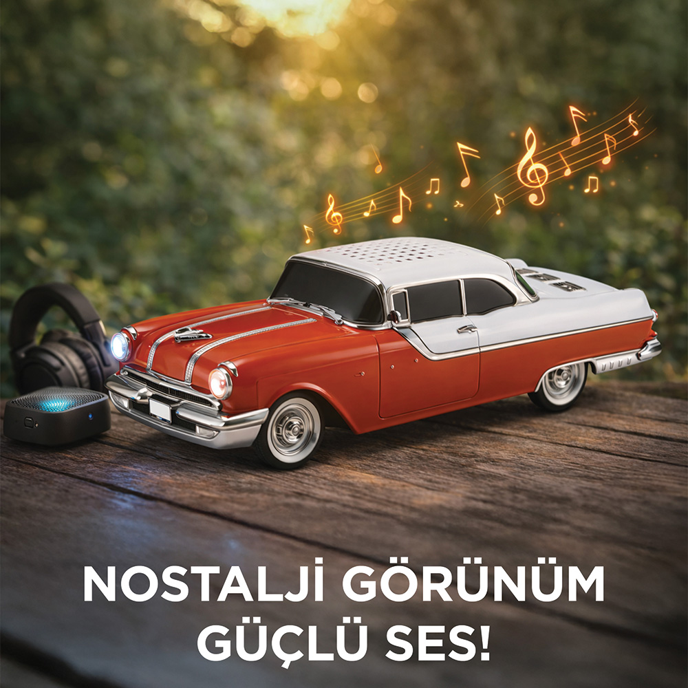 Ahşap üzerinde kulaklıklı ve hoparlörlü kırmızı beyaz model araba.