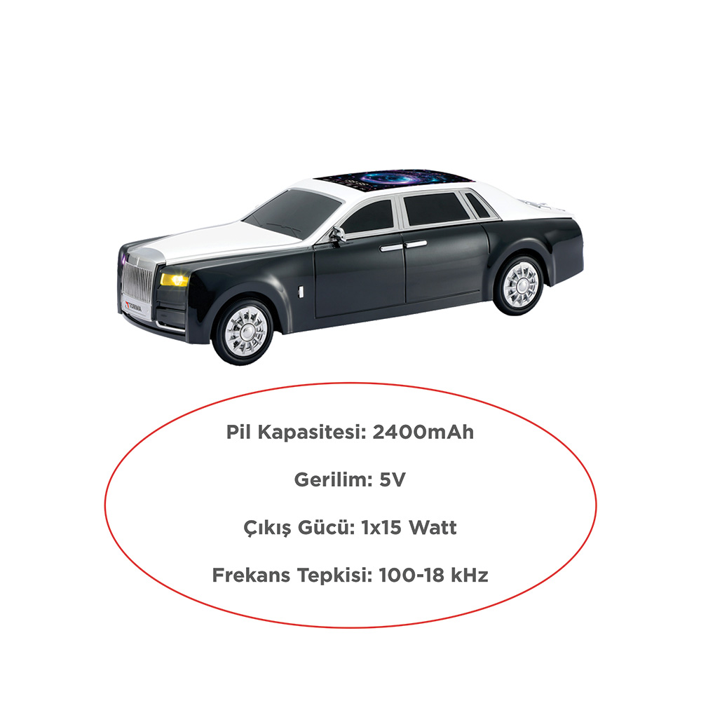 Yıldızlı gökyüzü tavanlı siyah beyaz oyuncak araba. Teknik özellikler Türkçe.