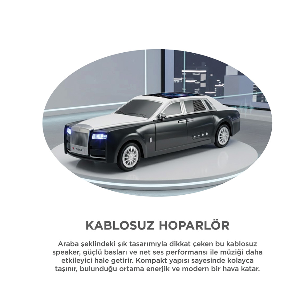 Siyah ve beyaz araba şeklinde kablosuz hoparlör, sahnede sergileniyor.