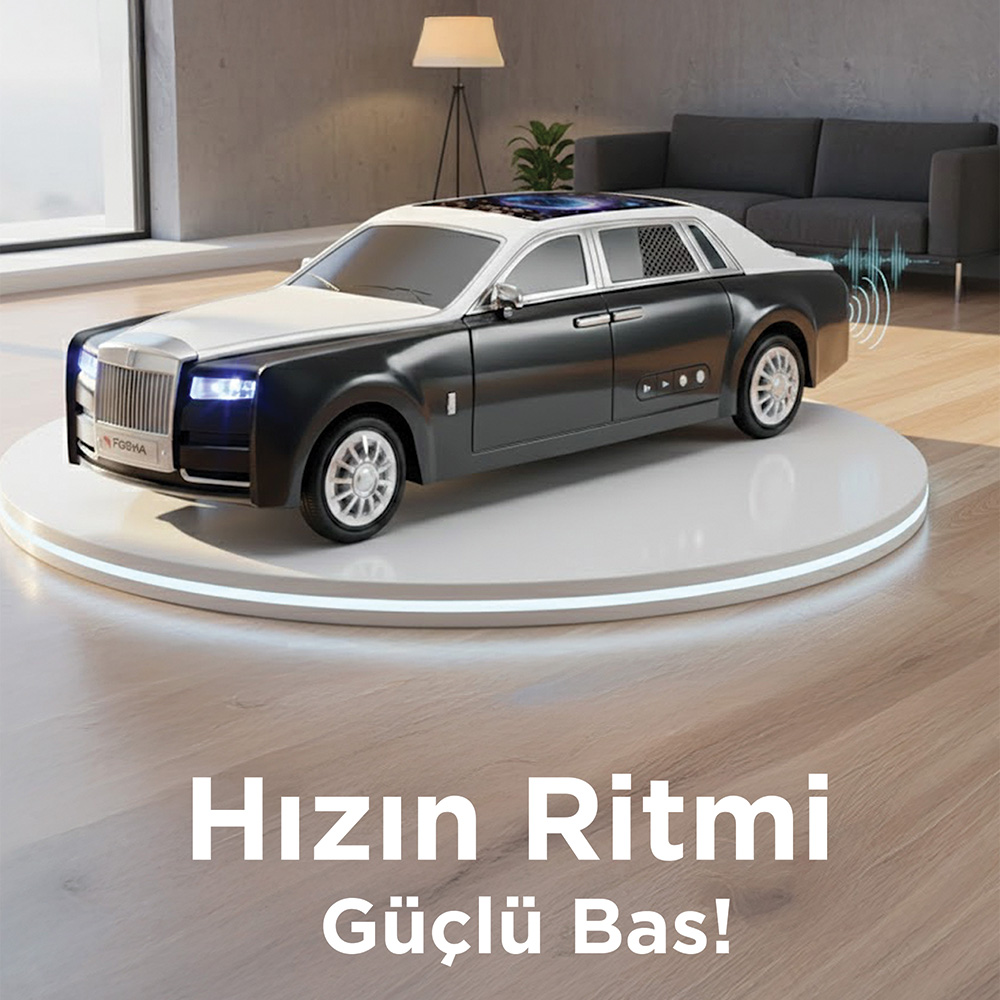 Yuvarlak sahnede siyah beyaz oyuncak Rolls-Royce. Oturma odası arka planı.