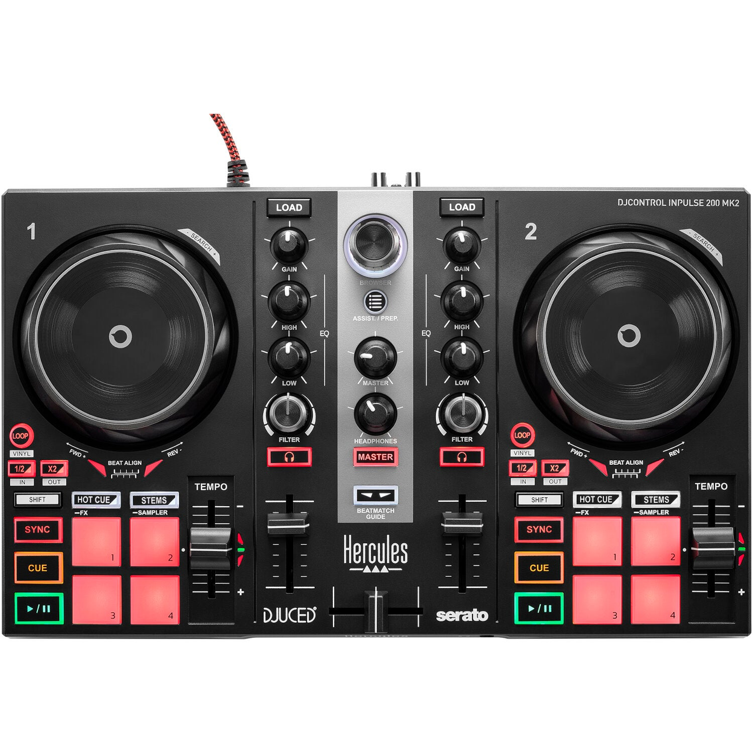 DJ-controller met twee decks, jogwheels, pads en faders in het zwart.