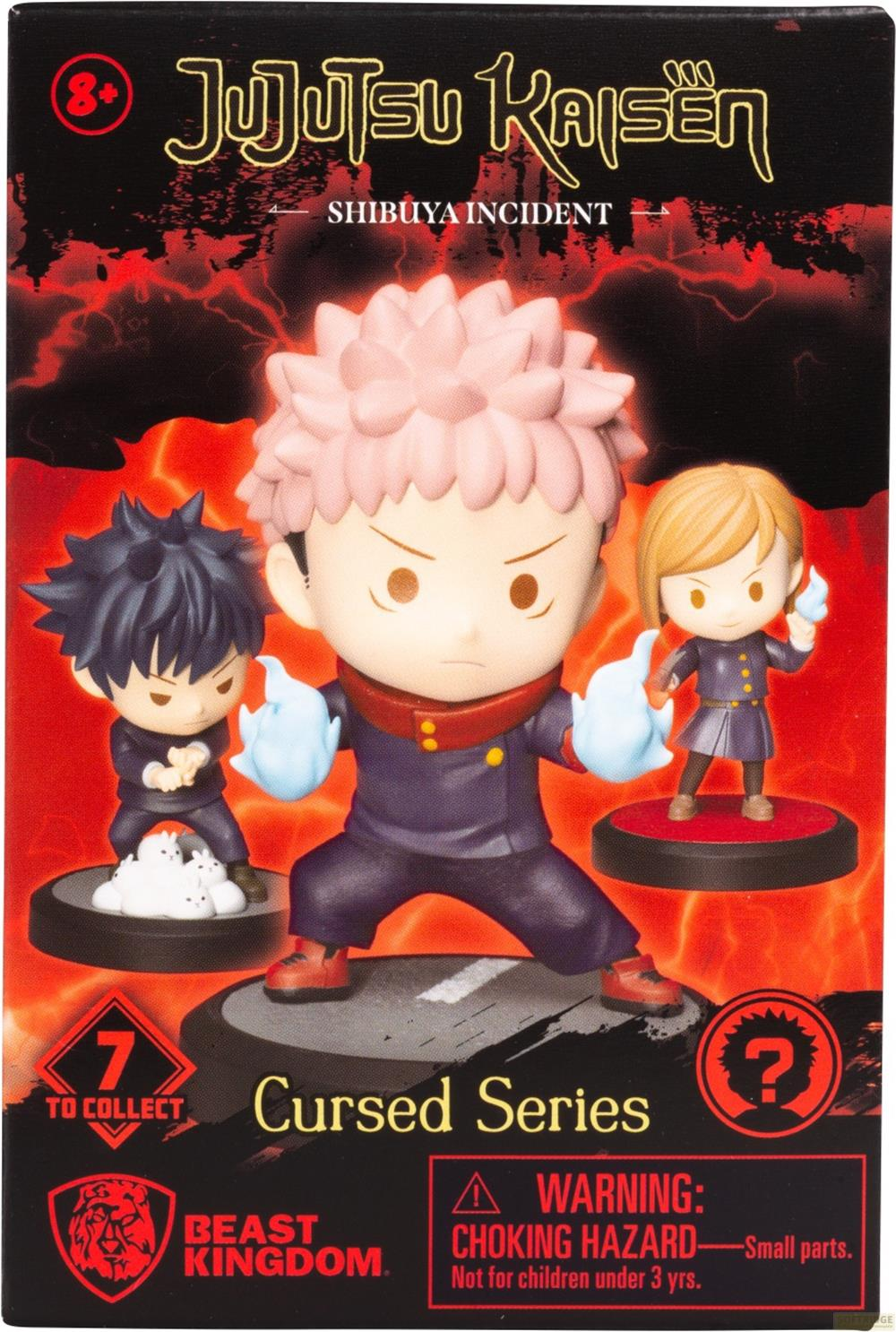 Drei Jujutsu Kaisen-Figuren auf schwarzem Hintergrund mit roten Blitzen.