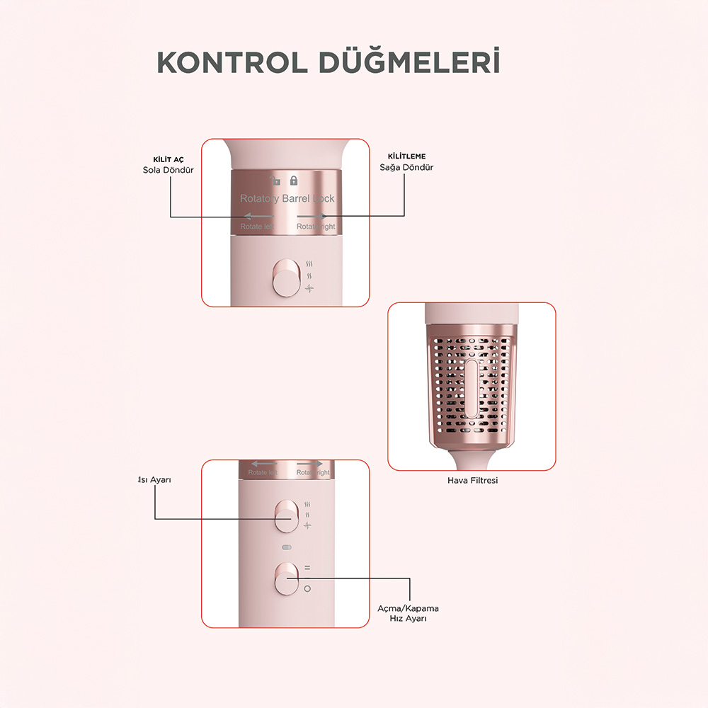 Pembe saç kurutma makinesi kontrolleri: döner varil, sıcaklık ve hava filtresi.