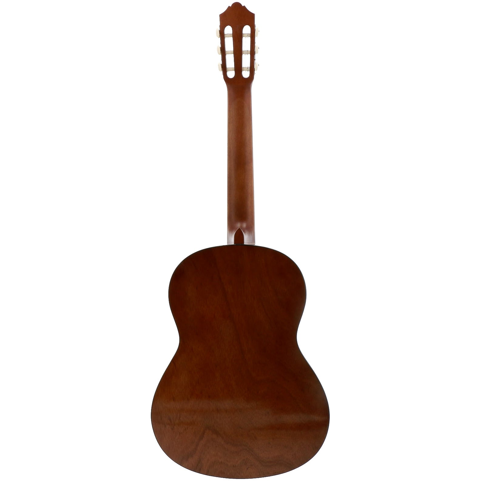 Rückseite einer braunen Gitarre mit Hals und Stimmwirbeln auf weißem Hintergrund.
