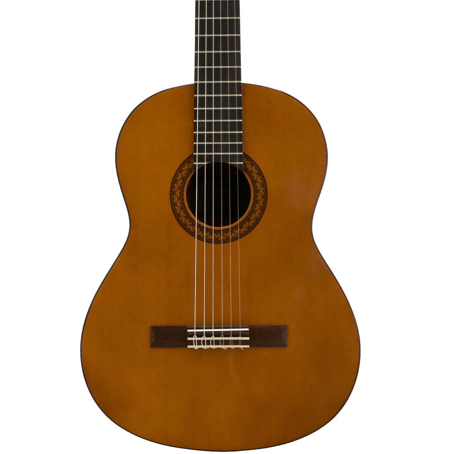 Eine braune Akustikgitarre mit sechs Saiten auf weißem Hintergrund.