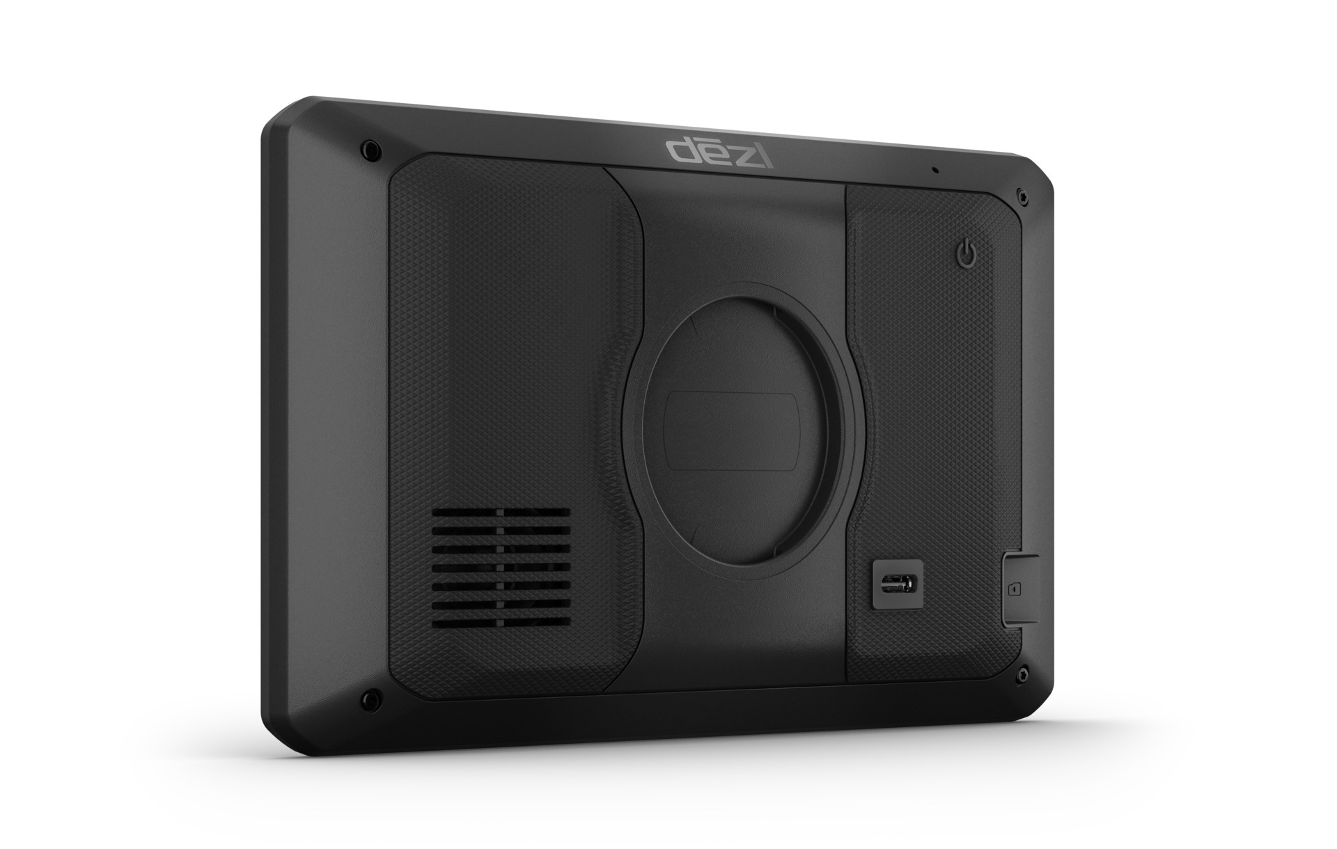 Retro di un dispositivo di navigazione Dezl nero con porte e superficie ruvida.