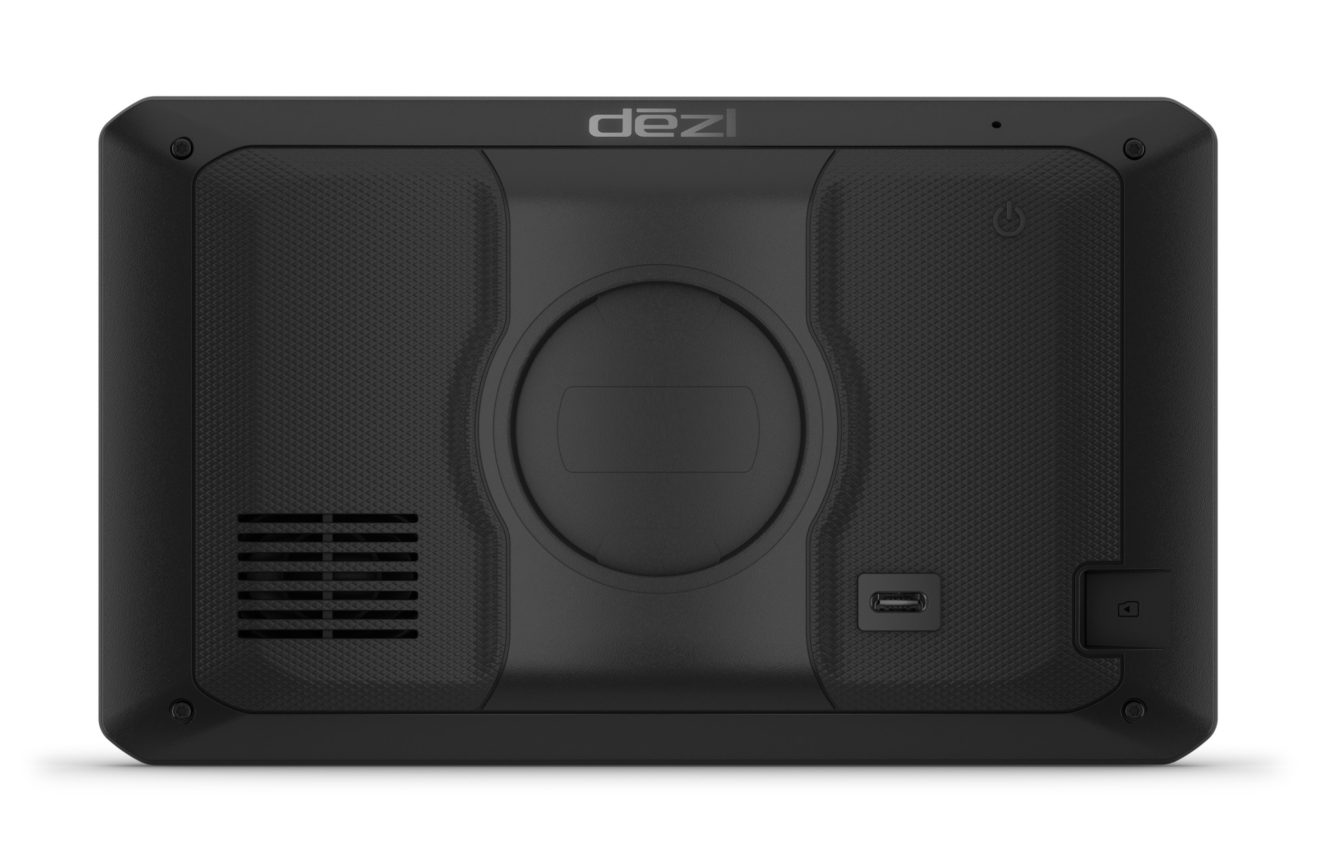 Retro di un dispositivo di navigazione nero con texture sottile e porte.