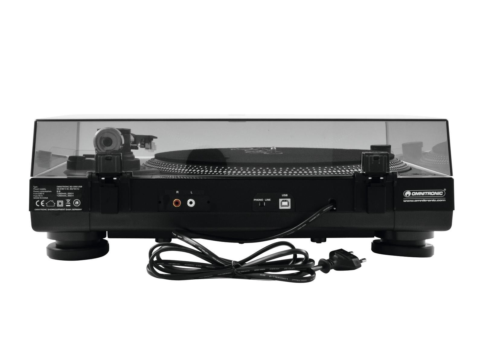 Tocadiscos negro con tapa antipolvo, cables y puertos. Incluye USB y fono/línea.