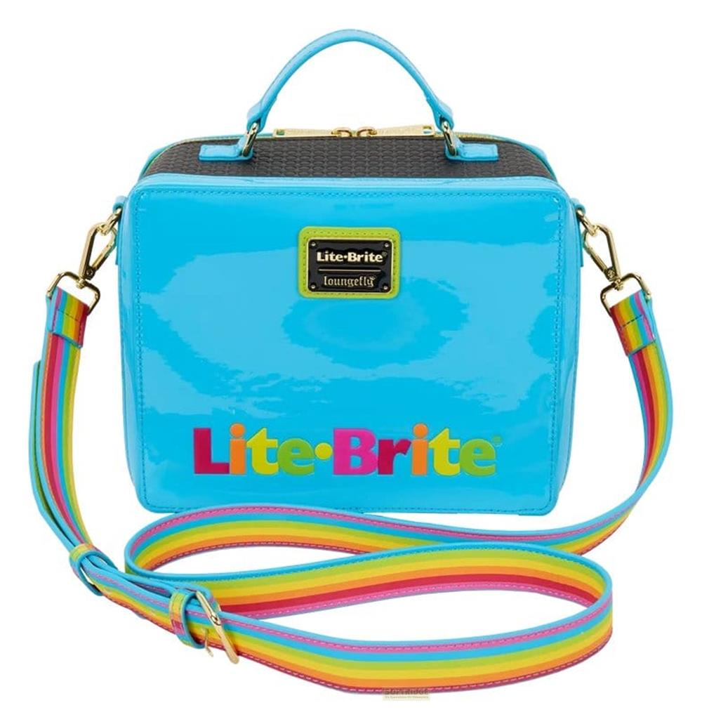 Bolso azul brillante con correa de arcoíris y logo Lite-Brite.