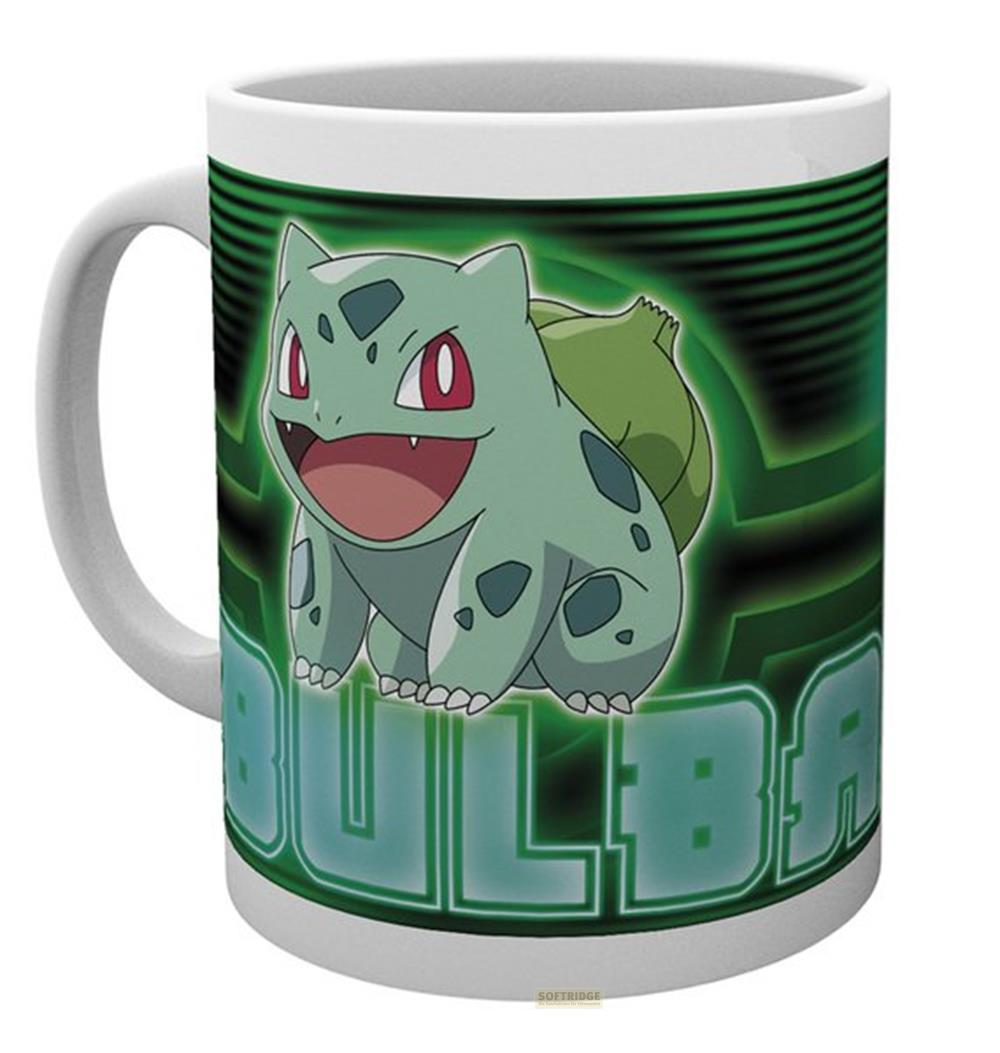 Mug blanc avec image verte de Bulbasaur et lignes vertes au fond.