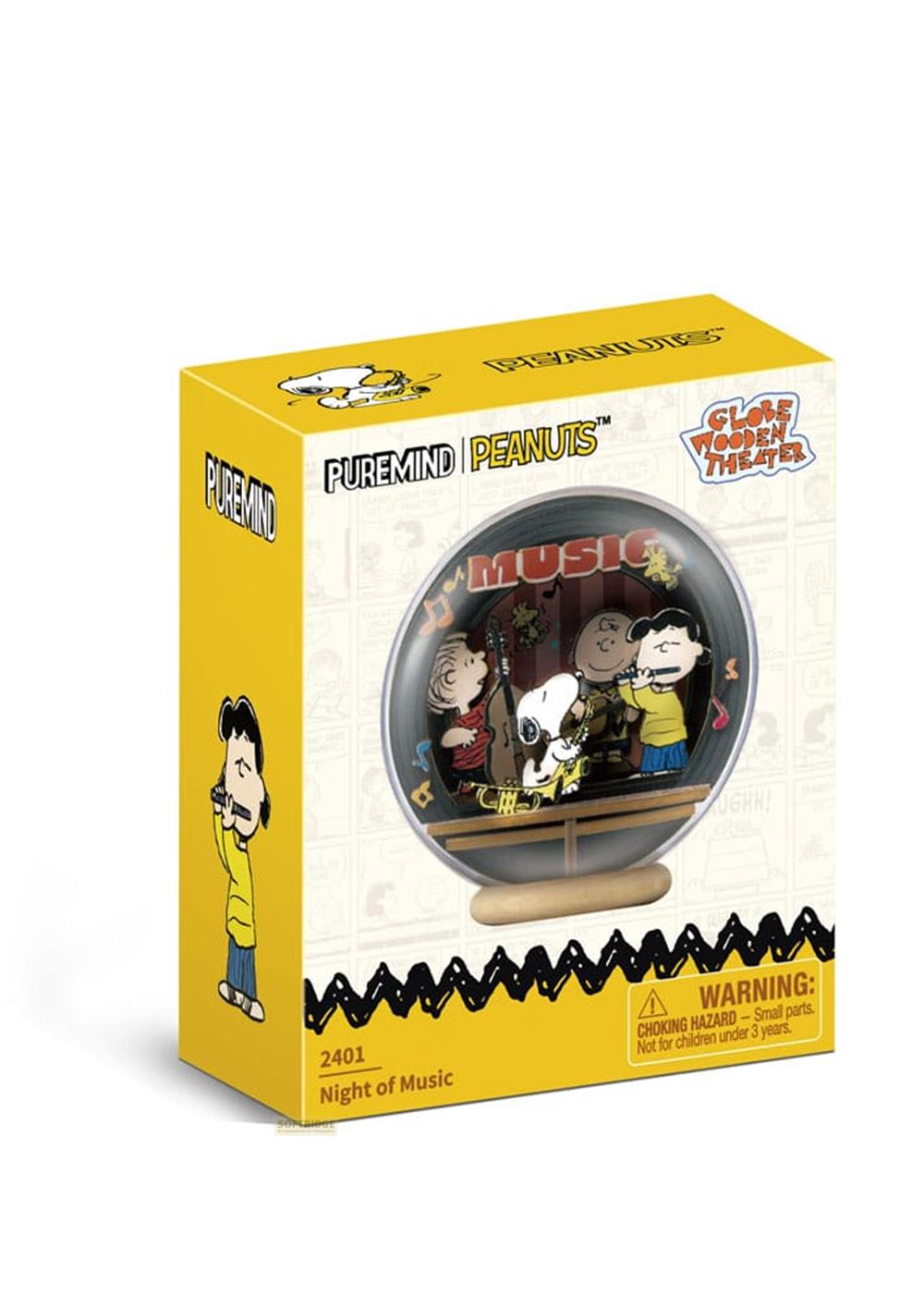 Personnages Peanuts dans un théâtre musical : Snoopy, Charlie Brown, Lucy, Linus jouent des instruments.