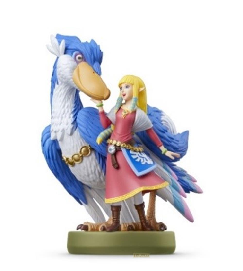 Statua di Zelda con un grande uccello blu su una base verde.
