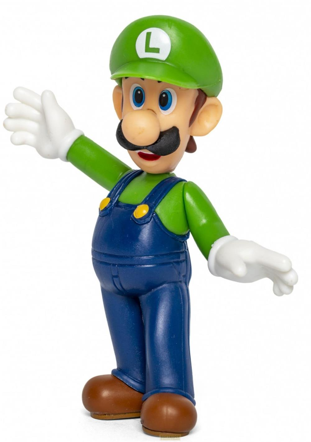 Luigi-Figur in grüner Kappe, blauer Latzhose, winkend.