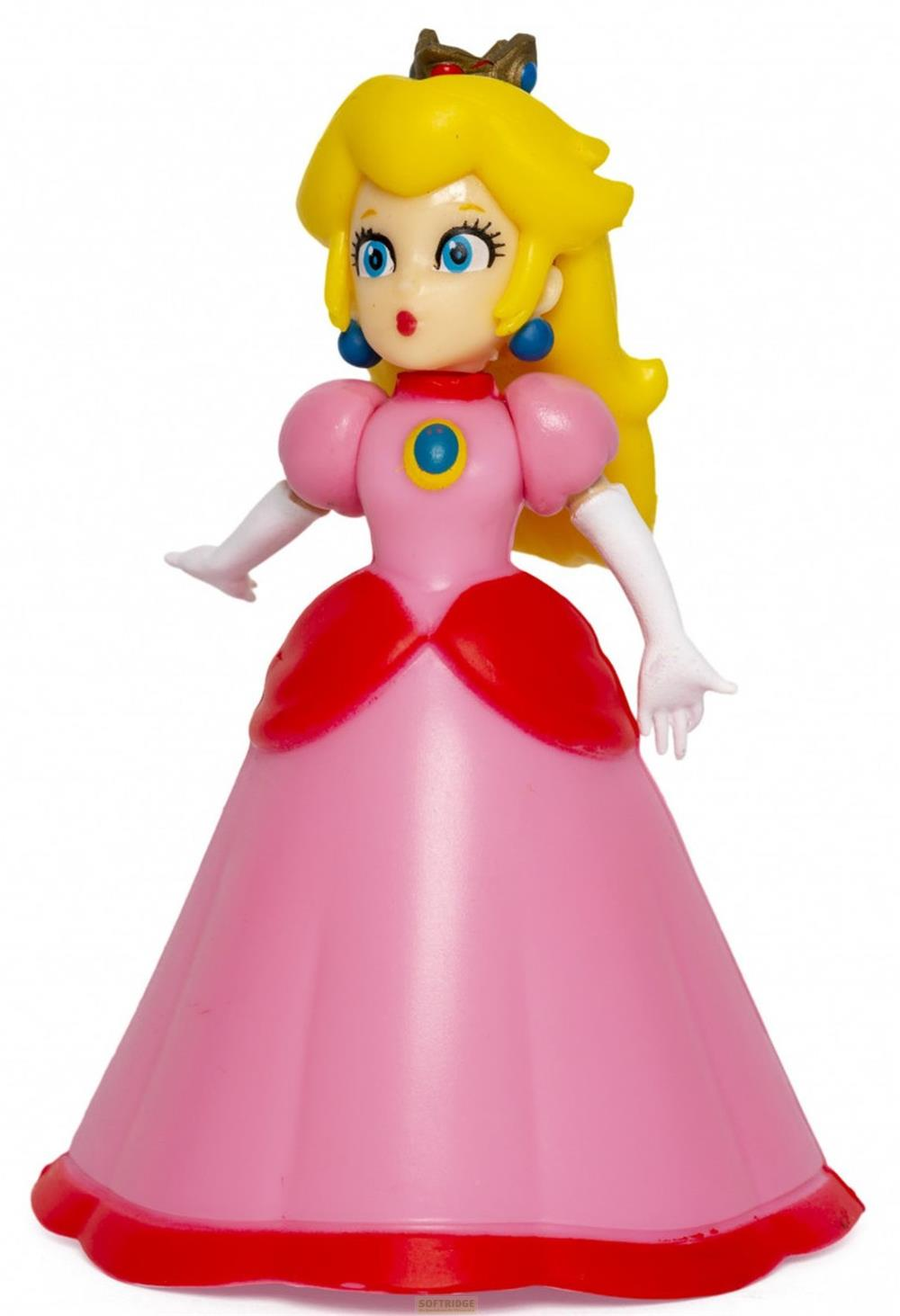 Prinzessin Peach Figur in rosa Kleid mit roten Akzenten und blauen Ohrringen.