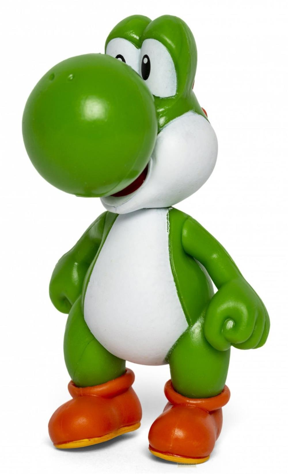 Grüne Yoshi-Figur mit weißem Bauch, roten Schuhen und großem Kinn.