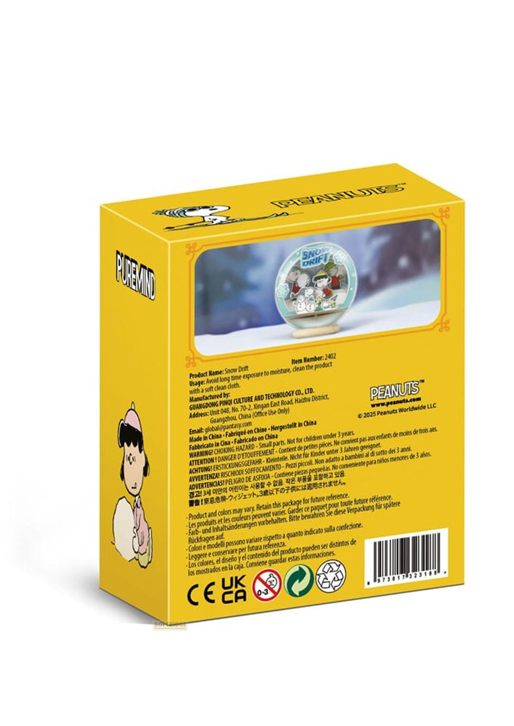 Peanuts Snow Drift Schneekugel im Karton mit Snoopy und Freunden.