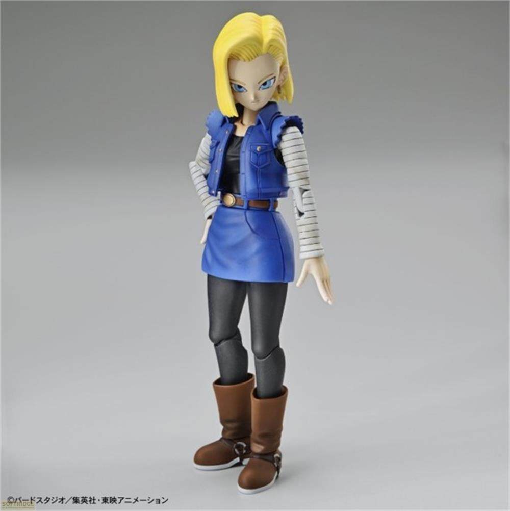 Anime-Figur mit blonden Haaren trägt blaue Weste, Rock und Stiefel.