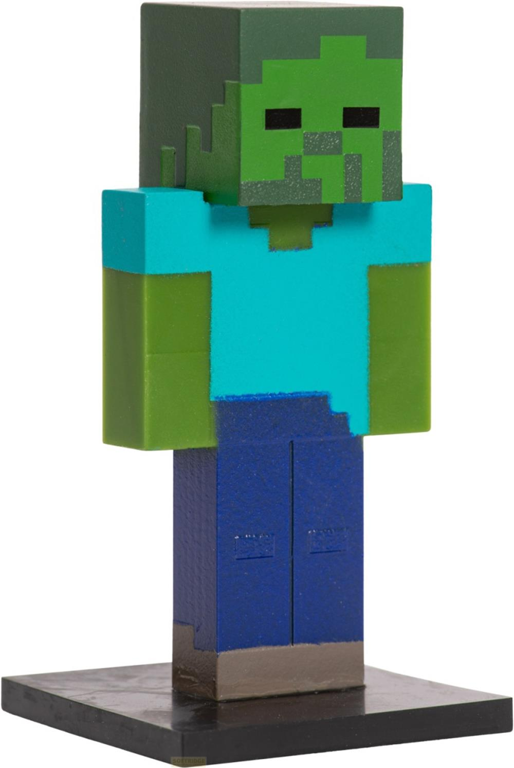 Ein Minecraft Zombie Spielzeug in Grün, Blau und Dunkelblau auf einem schwarzen Sockel.