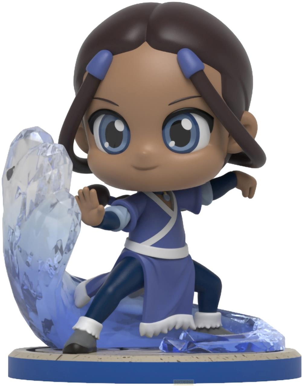 Katara-Figur mit Wasserkraft und Eis, Avatar-Stil, braune Haare, blaue Kleidung.