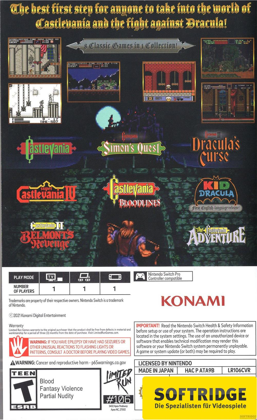 Copertina della collezione Castlevania con scene di gioco e loghi.