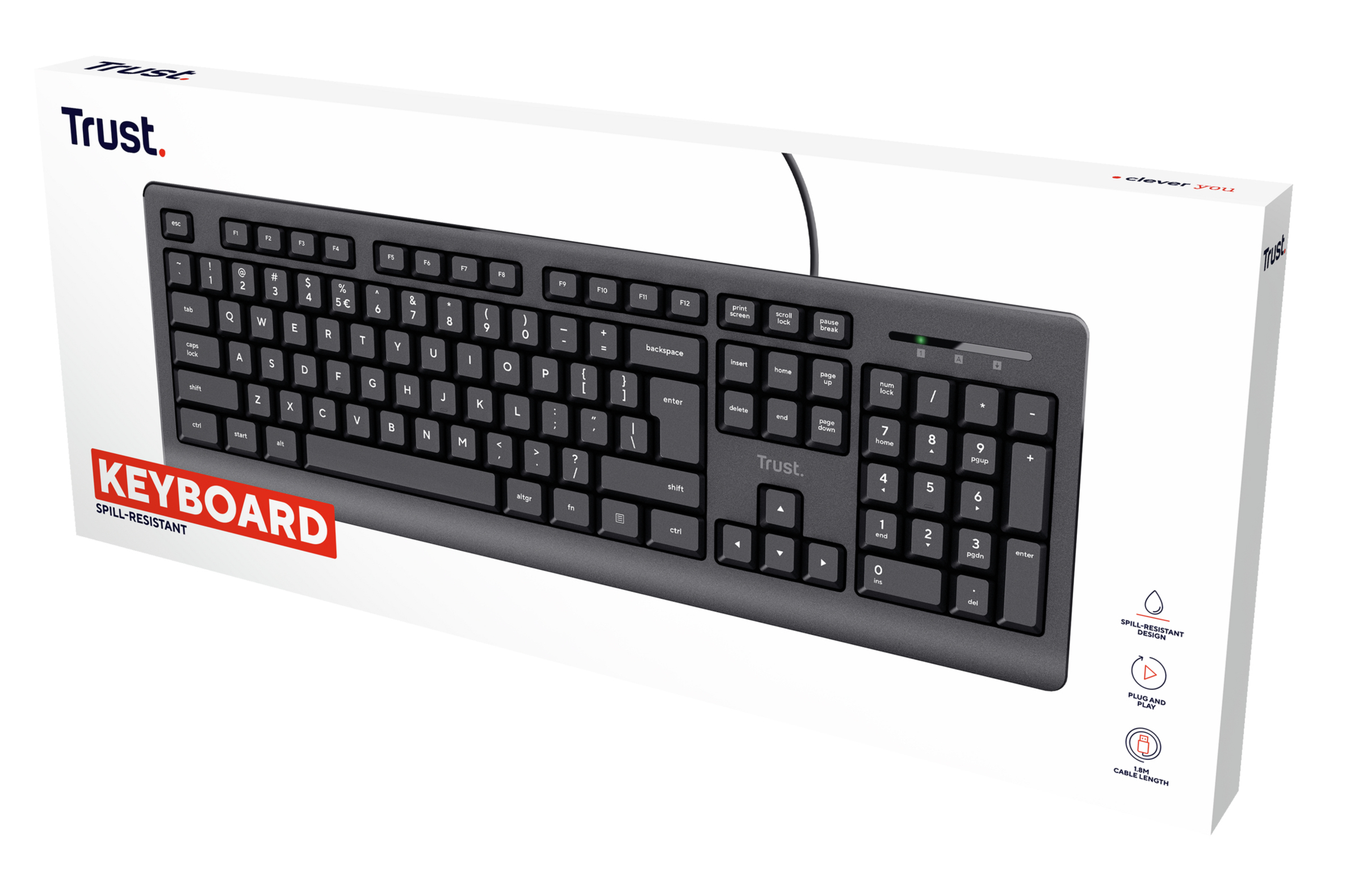 Czarna klawiatura w pudełku z napisem 'KEYBOARD SPILL-RESISTANT'.