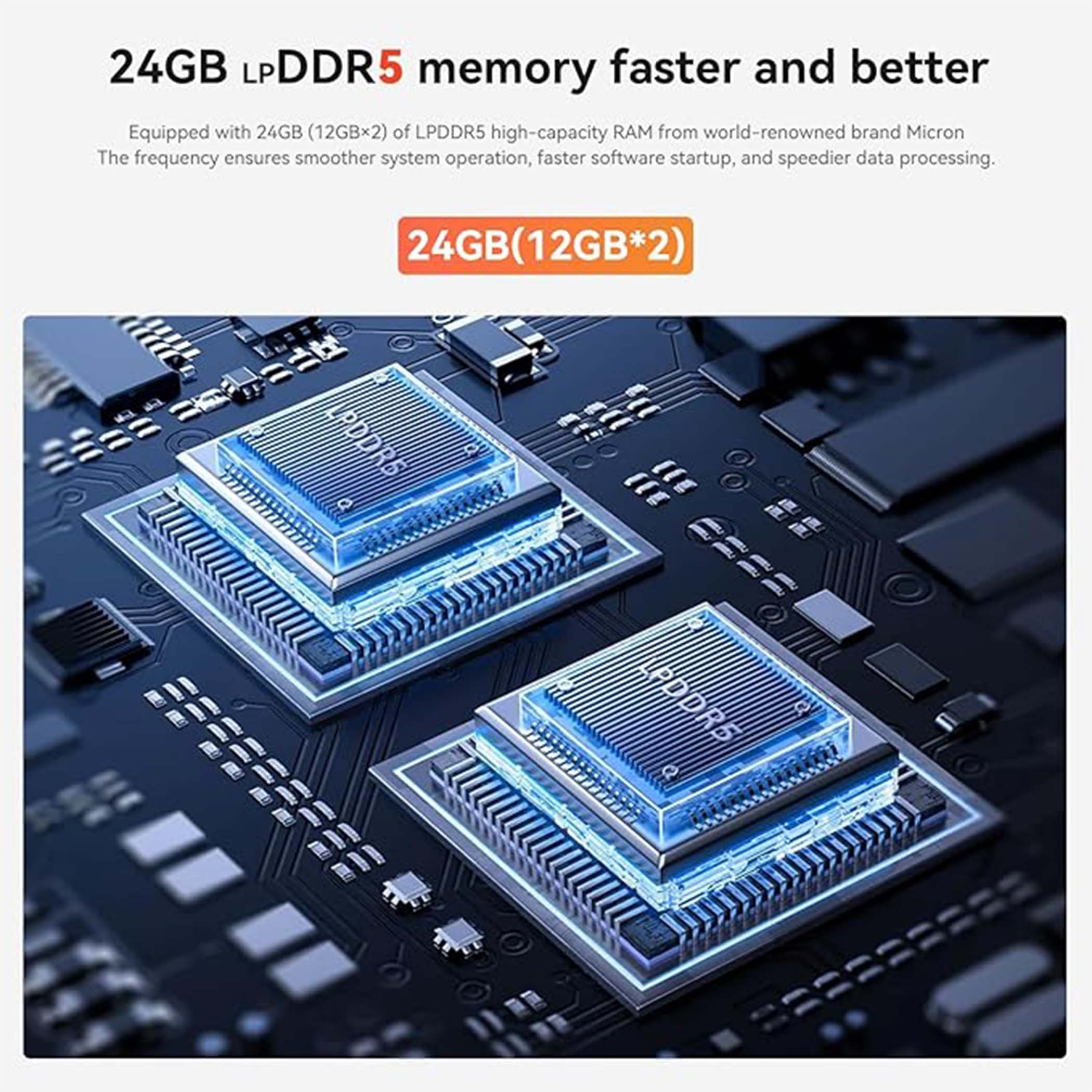 Zbliżenie dwóch modułów RAM LPDDR5 na niebieskiej płytce drukowanej, świecących niebieskim światłem.